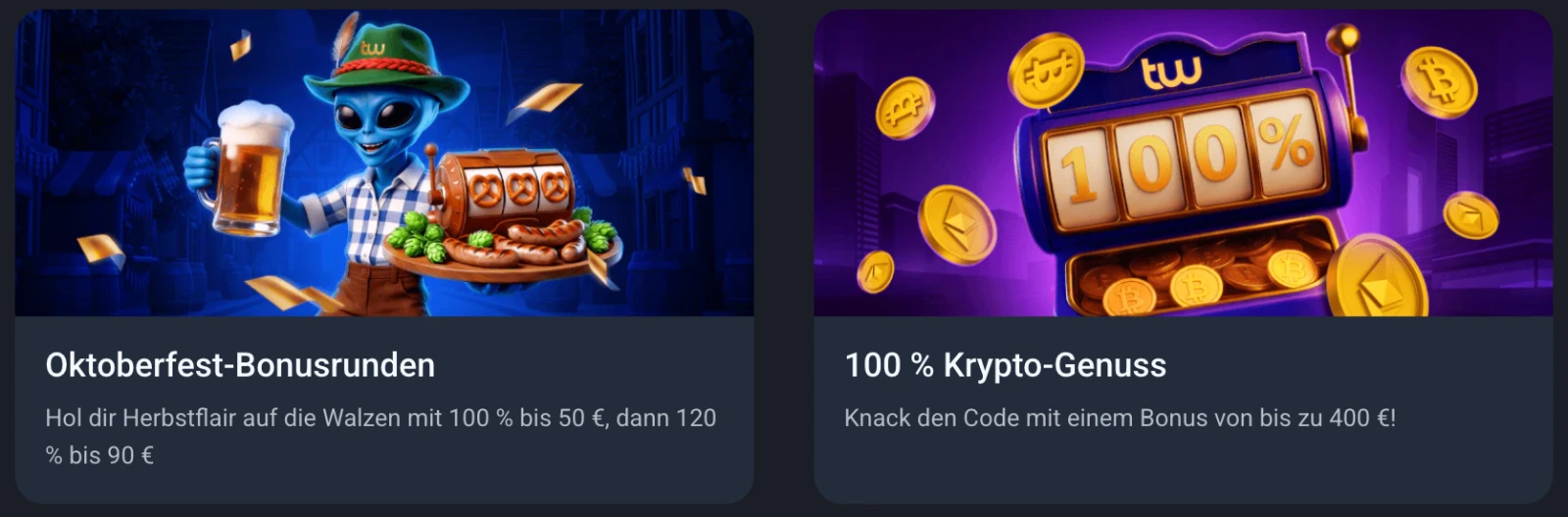 Wöchentliche Aktionen und Bonusangebote im twin Casino — 100%, 50 €