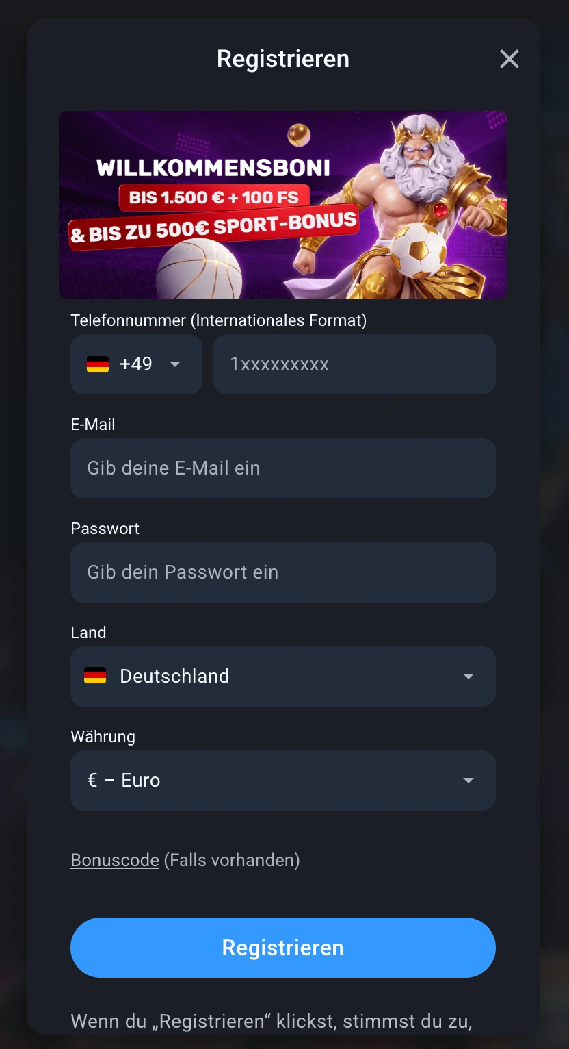 Anmeldeformular für ein neues Konto im twin Casino